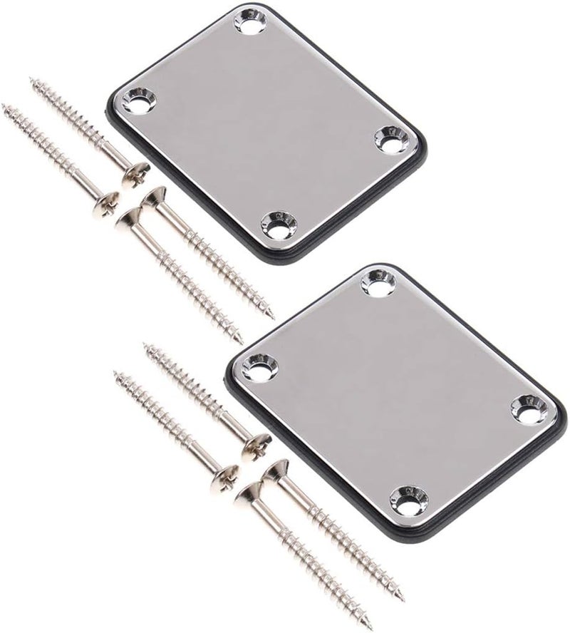 Micovay 2 Pack Guitar Metal Neck Plates with Plastic Mat Compatible for Strat Tele Style Electric Guitar Replacement, Chrome - Image 1
